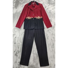 Vintage R K Originals Pant Suit Womens 12 Black Burgundy Gold Embroidered Sueded