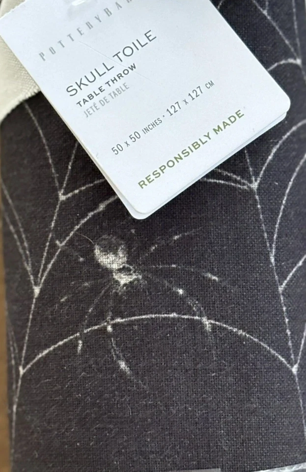 Pottery Barn Skull Toile Organic Cotton Table Throw 50"x50" MSRP $99 NWT - Image 3 of 4