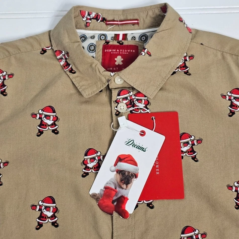 Denim & Flower Santa Dabbing Brown Short Sleeve Button Down Boys Size 6/7 NWT - Image 2 of 4