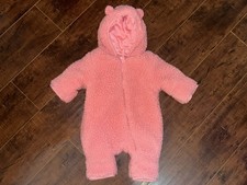 Baby Pink Fleece Bunting Suit 0-3 Months Hooded Bear Ears Zip Up One Piece
