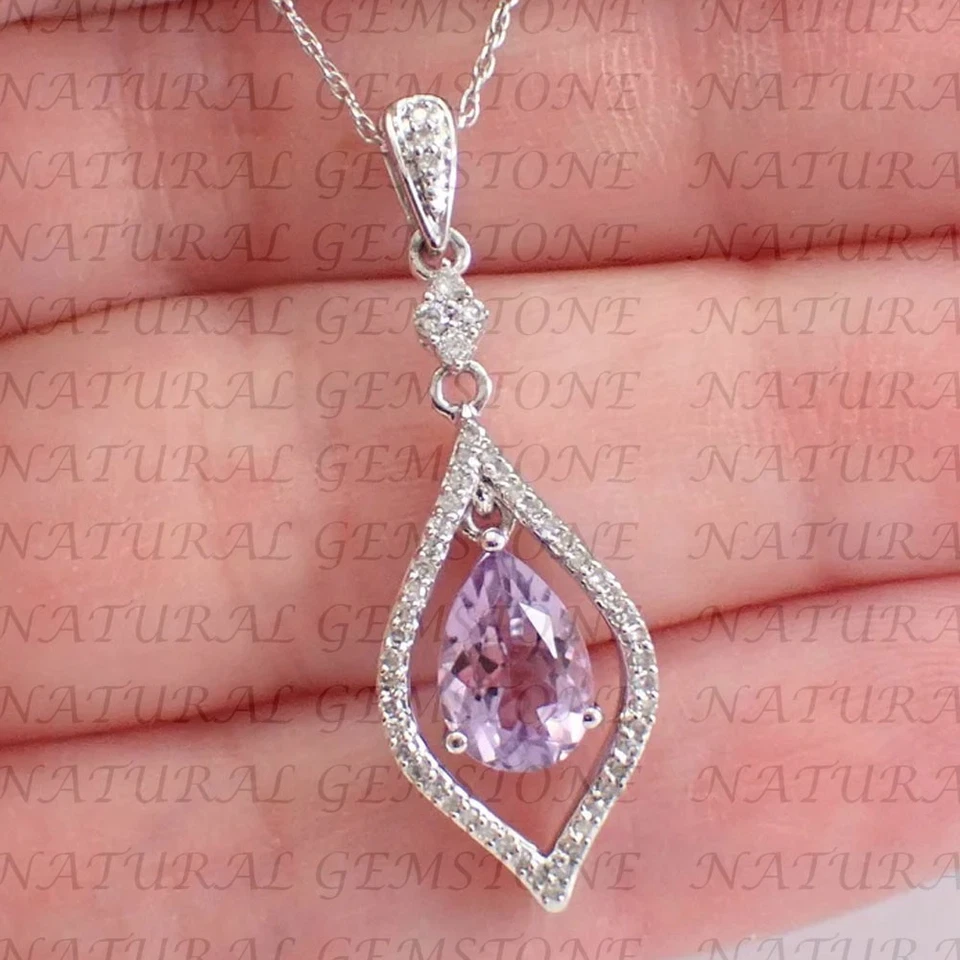 Colgante de diamantes y amatista natural en forma de pera de 4,70 quilates enchapado en oro blanco de 18 quilates Foto 4 de 4