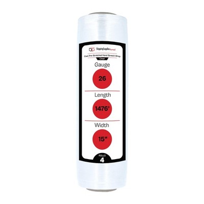 4 Rolls 26 Gauge Eco-Friendly Pre-Stretch Hand Shrink Wrap 15'' x 1476' - Clear