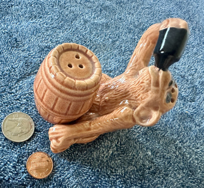 Vintage Whiskey Barrel + Drinking Monkey Salt + Pepper Set 1950s