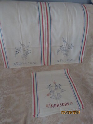 Days of Week Cross Stitch Tea Towels Birds Preworked Thurs, Fri, Sat.