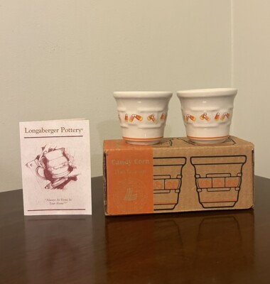 1999 Longaberger Pottery Woven Traditions Candy Corn 2 Pack Votive Cups Open Box