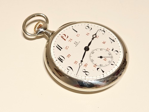 ANTIQUE RARE WW1 12 AND 24 DIAL OPEN FACE MEN'S POCKET MECHANCIAL WATCH "OMEGA" - Picture 8 of 19