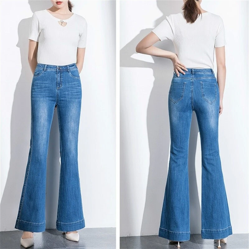 Women Flared Denim Pants Bell Bottom Jeans Vintage 60s 70s Wide Leg  Trousers