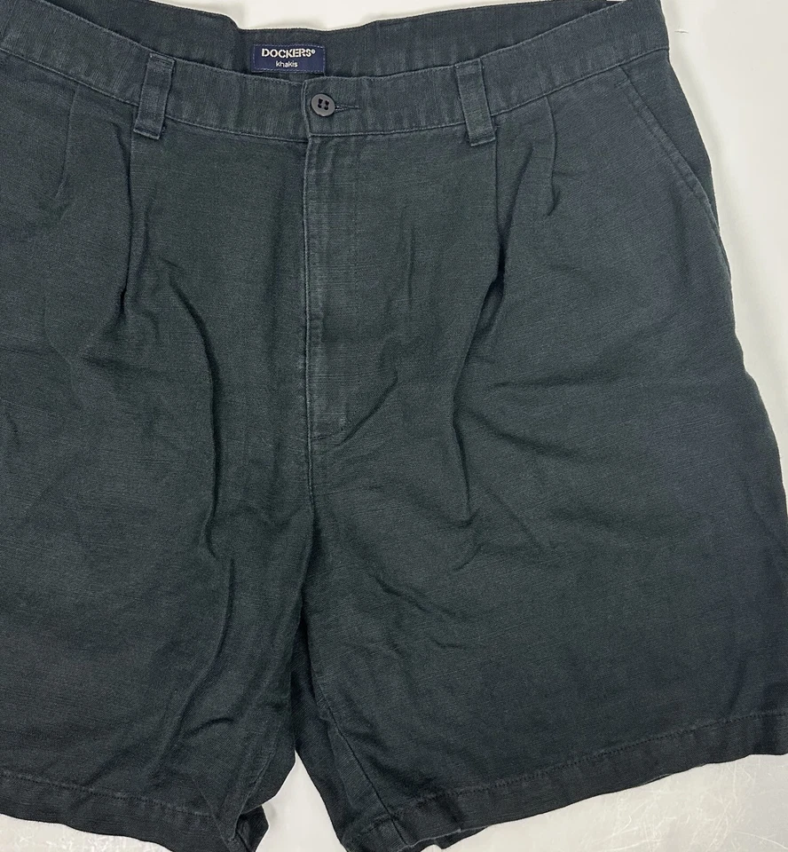 Pantalones Cortos Chinos DOCKERS Vintage Años 90 Mezcla de Lino 38 Desteñidos Negros Doble Pliegue Mínimo Foto 2 de 4