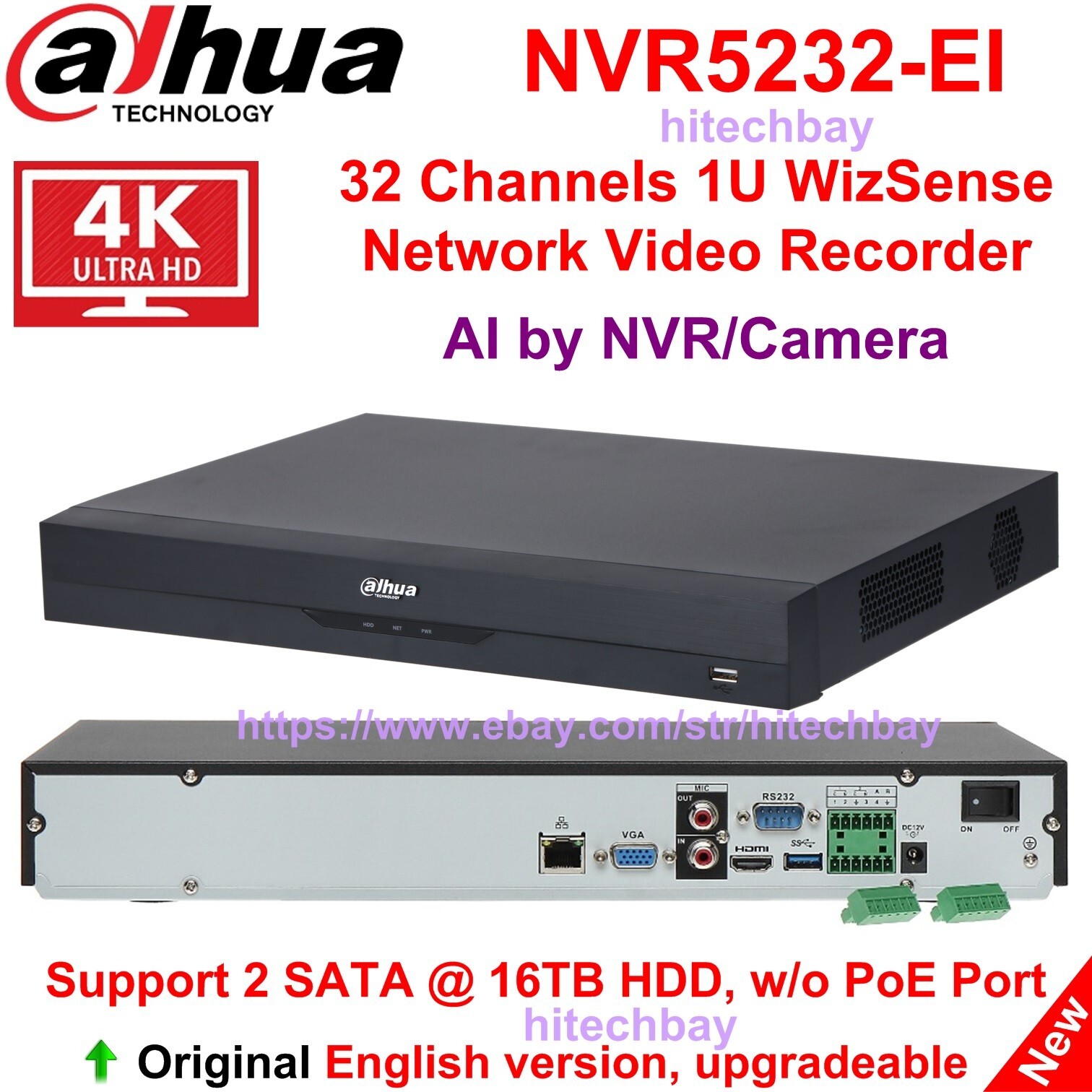 Dahua NVR5232-EI 32CH 2SATA AI 4K Network Video Recorder SMD+ Face