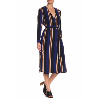 NWT ASTR THE LABEL Navy Long-Sleeve Striped Wrap Midi Dress Size M