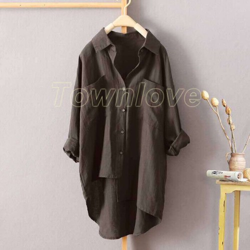 Women Lapel Collar Cotton Linen Shirt Dress Casual Loose Long Sleeve Button Tops - Picture 22 of 28