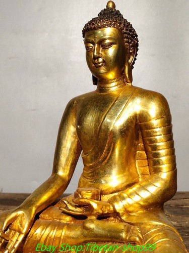 10.8" Old Tibet Bronze Painting Gild Shakyamuni Sakyamuni Amitabha Buddha Statue - Picture 5 of 9