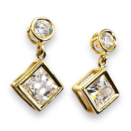 14k Yellow Gold CZ Round Square Dangle Drop Bezel Set Earrings 2.6g - Picture 2 of 13