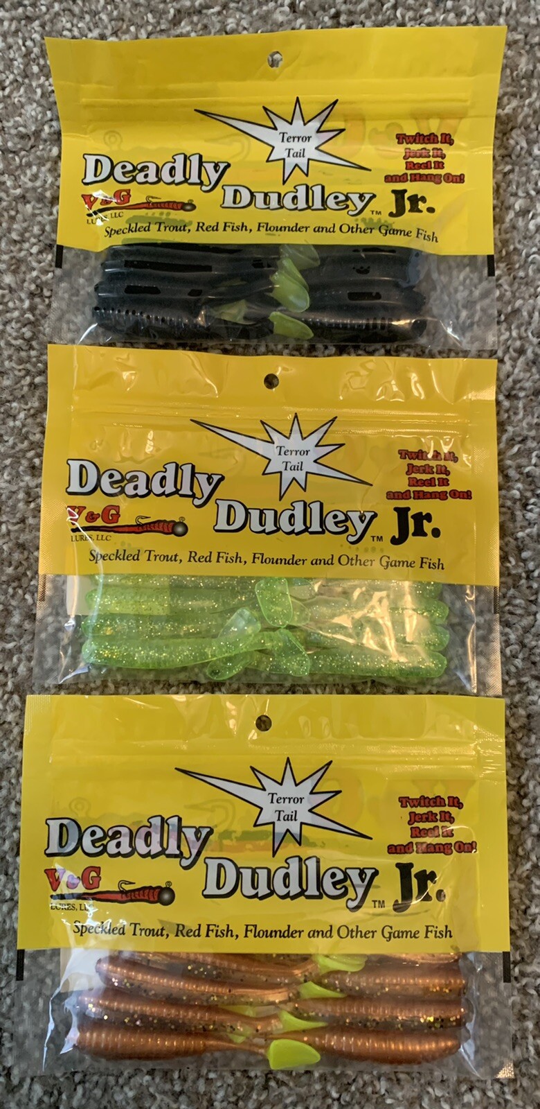 3 pack- Deadly Dudley Grub Bait-Copper, Chartreuse, Black-more in description