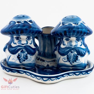 Gzhel Porcelain Salt & Pepper Mushroom Shakers & plate holder Set handmade