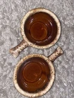 2 Vintage HULL USA Pottery Brown Drip Handle Onion Soup Bowl Oven Proof