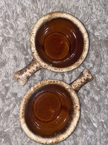 2 Vintage HULL USA Pottery Brown Drip Handle Onion Soup Bowl Oven Proof