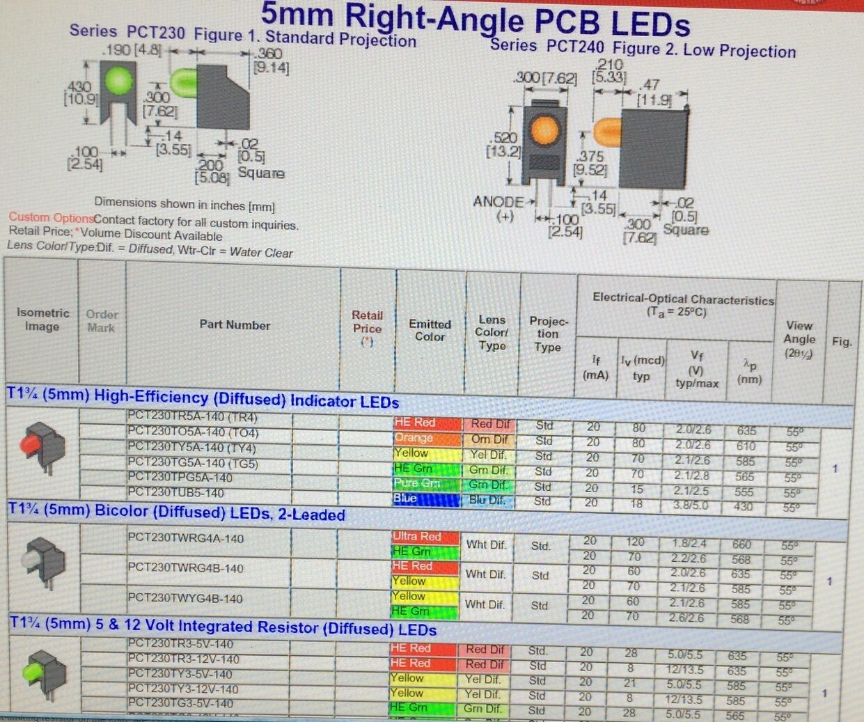PCT230TY3-5V-140 LEDTRONICS LED YELLOW 5mm RIGHT ANGLE PCB LED