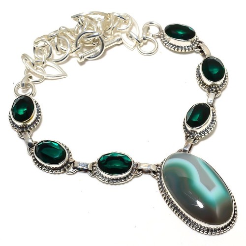 Green Lace Agate & Emerald (Simulated) 925 Sterling Silver Necklace 17.99" T54