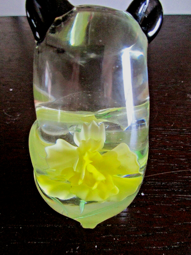 Panda Bear 3 1/2" Clear Glass With An Infused Yellow Flower Paperweight - Picture 3 of 4