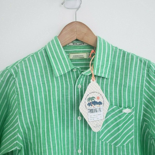 SCOTCH & SODA Green Stripe Cotton Linen Roll Button Sleeve Pocket Button Shirt 6 - Picture 4 of 4