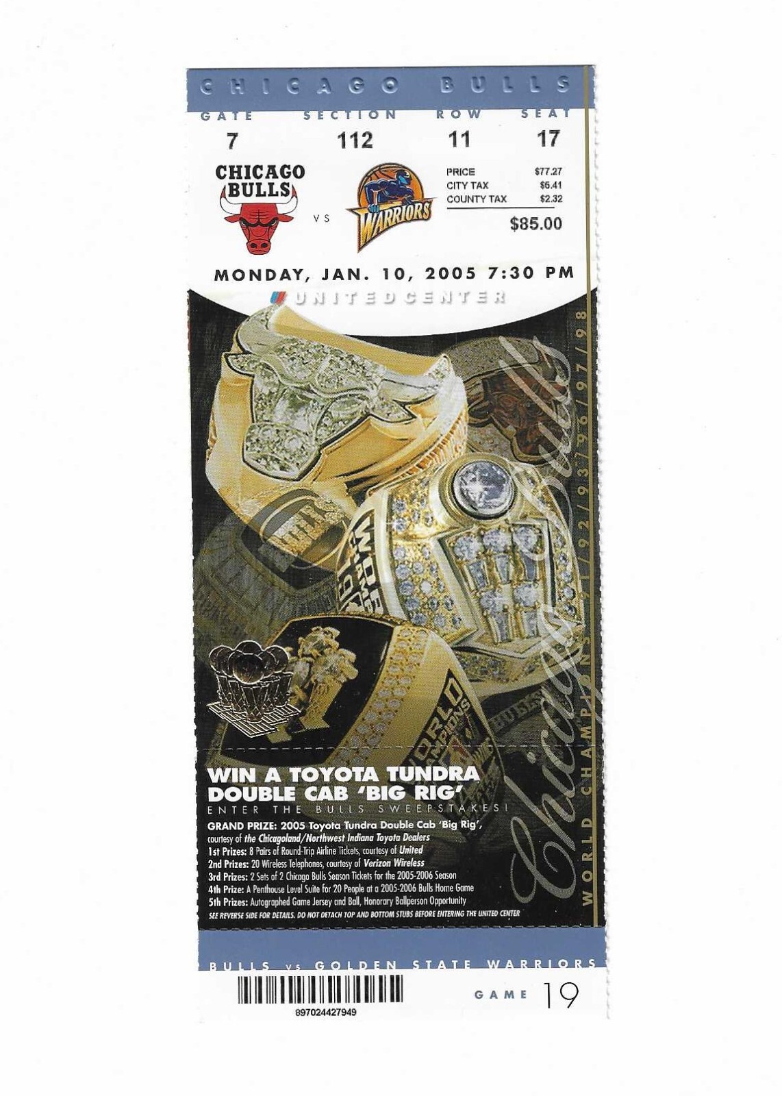 Chicago Bulls vs Golden State Warriors Unused Basketball Ticket from 1/10/2005