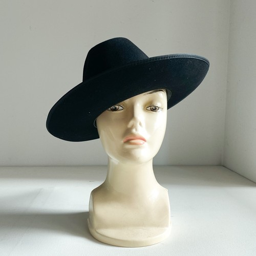Vintage Vanzina Black Wool Felt Wool Wide Brim Fedora w Bow 56cm /M - Picture 10 of 11