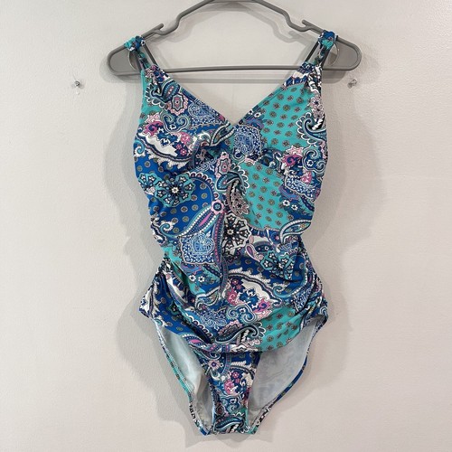 SPANX Assets by Sara Blakely Aqua Blue Pink Paisley One Piece Swimsuit MEDIUM - Picture 5 of 14