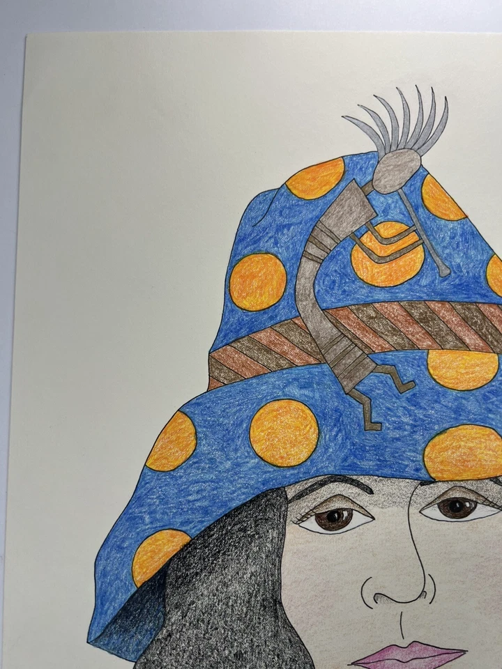 Mujeres Moda Dibujo Arte Popular Sombrero Kokopelli 14x11” Folksy Naranja Lunares Foto 3 de 4