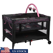 Portable Play Yard W/ Bassinet Travel Crib Foldable Mesh Safety Design Wheels US