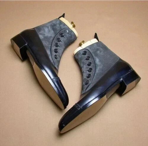 's Handmade Black & Gray Suede Leather Top Ankle Button Cap 