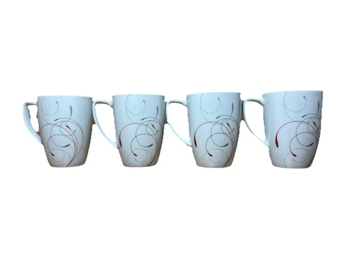 Corelle Coordinates Splendor Mugs Red Gray Swirls Coffee Cups 12 oz. Set of 4