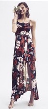 Davids Bridal Dress Lace Cowl Neck Slit Front Chiffon Flowers Maxi 14 Tags New