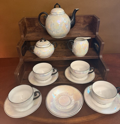 Antique White Block Germany Lusterware Tea Set Art Deco Iridescent 1930s JLB S