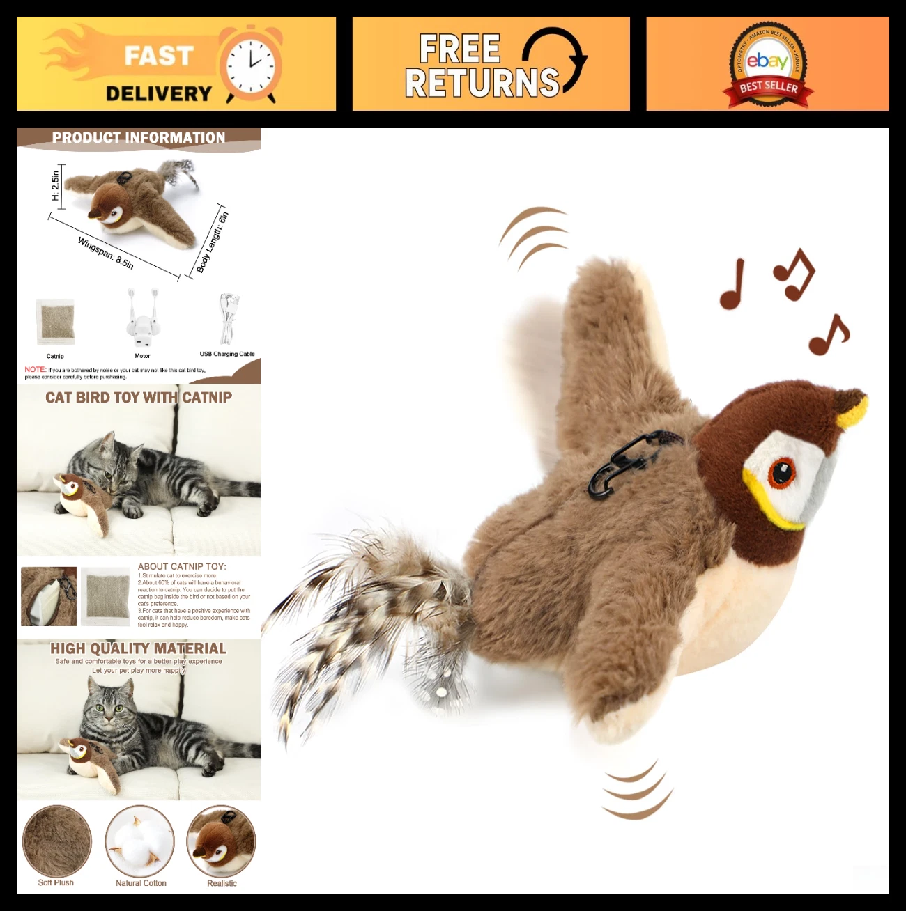 Interactive Flapping Bird Cat Toy - Rechargeable Chirping Kicker for Indoor Cats