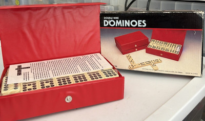 Dominoes Double Nine 55 Tile Set Original Red Vinyl Case Vintage