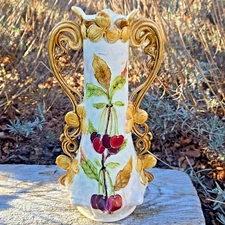 Stunning Antique Art Nouveau Majolica Vase Applied Cherries Ornate Gold Handles