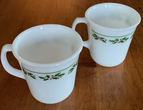 Corning Holly Days Christmas Milk Glass Pair Coffee Mugs Tea Cups Corelle USA