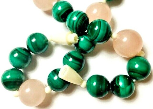 Handcrafted Vintage Malachite & Rose Quartz Beaded Necklace w/Carved Pendant - Picture 3 of 12