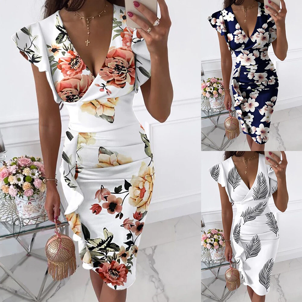 Womens V Neck Floral Wrap Dress Ladies Evening Party Cocktail Bodycon Dresses