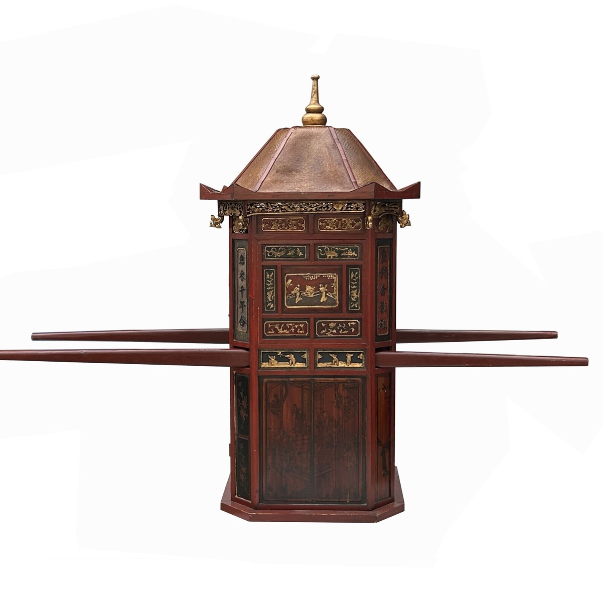 Chinese Vintage Red Gold Carving Wedding Cart Bridal Sedan Chair