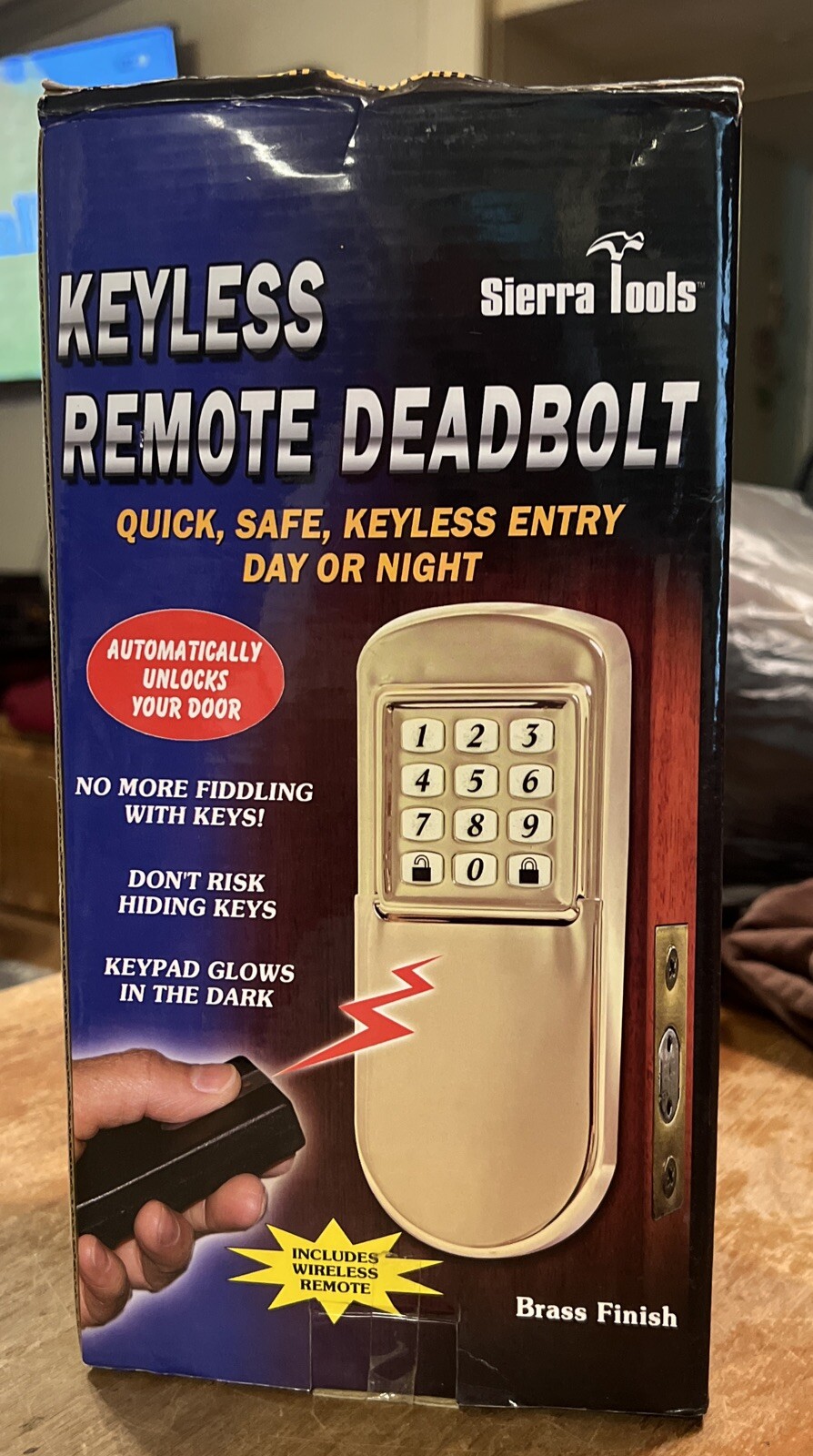 Sierra Tools Keyless Remote Deadbolt Brass Finish includes wireless remote-image
