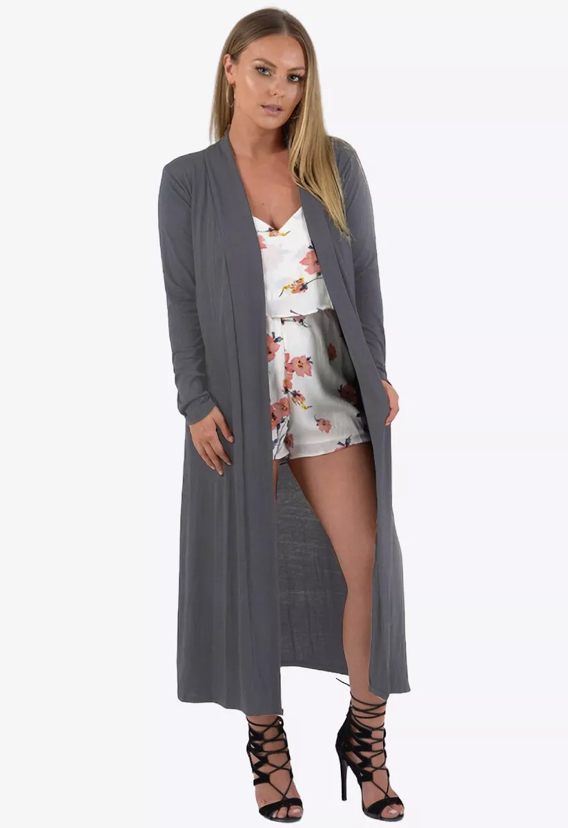 Womens Charcoal Lightweight Maxi Boyfriend Long Sleeve Duster Cardigan Jacket