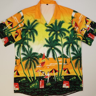 Hawaiihemd All Over Print LARGE Regular Fit orange Palmen offener Kragen