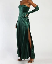 NWT Lulus Elegant Nights Emerald Green Satin Strapless Maxi Dress & Gloves M