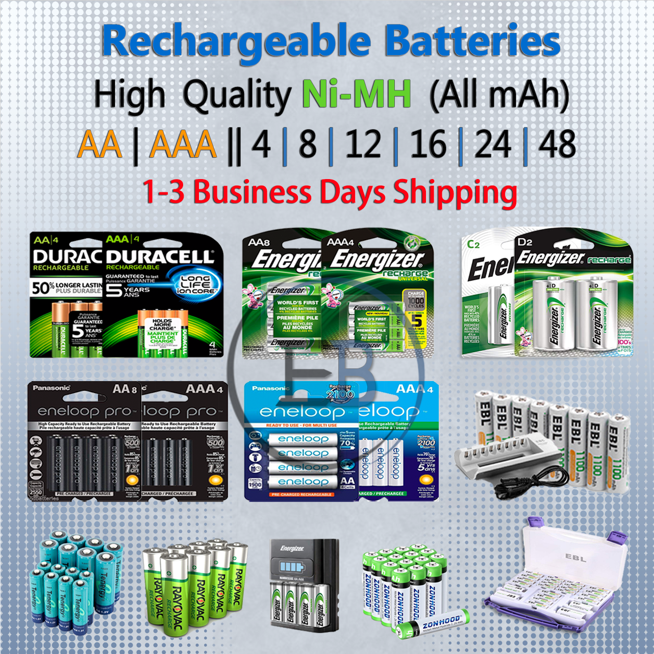 Rechargeable Batteries AA or AAA 4 8 10 12 16 Battery Charger NiMH lot Fast Ship-image