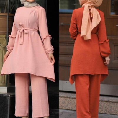 Muslim Women Two Piece Set Long Blouse Tops Pants Islamic Dress Abaya Arab  Robe