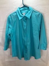 Lady Hathaway Womens Top XL Button Up Light Blue Solid 3/4 Sleeve Cotton Career