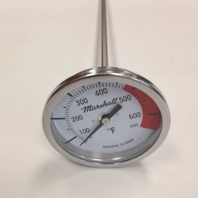 MARSHALL Asphalt Kettle Thermometer, 50-650F, 3" Dial, 12" Stem, 1/2" NPT Back Connect