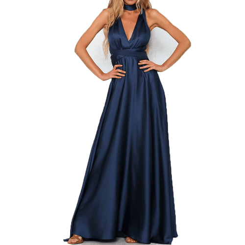 Maxi abito donna sexy raso scollo a V profondo senza schiena vestito smanicato festa sera - Foto 14 di 21